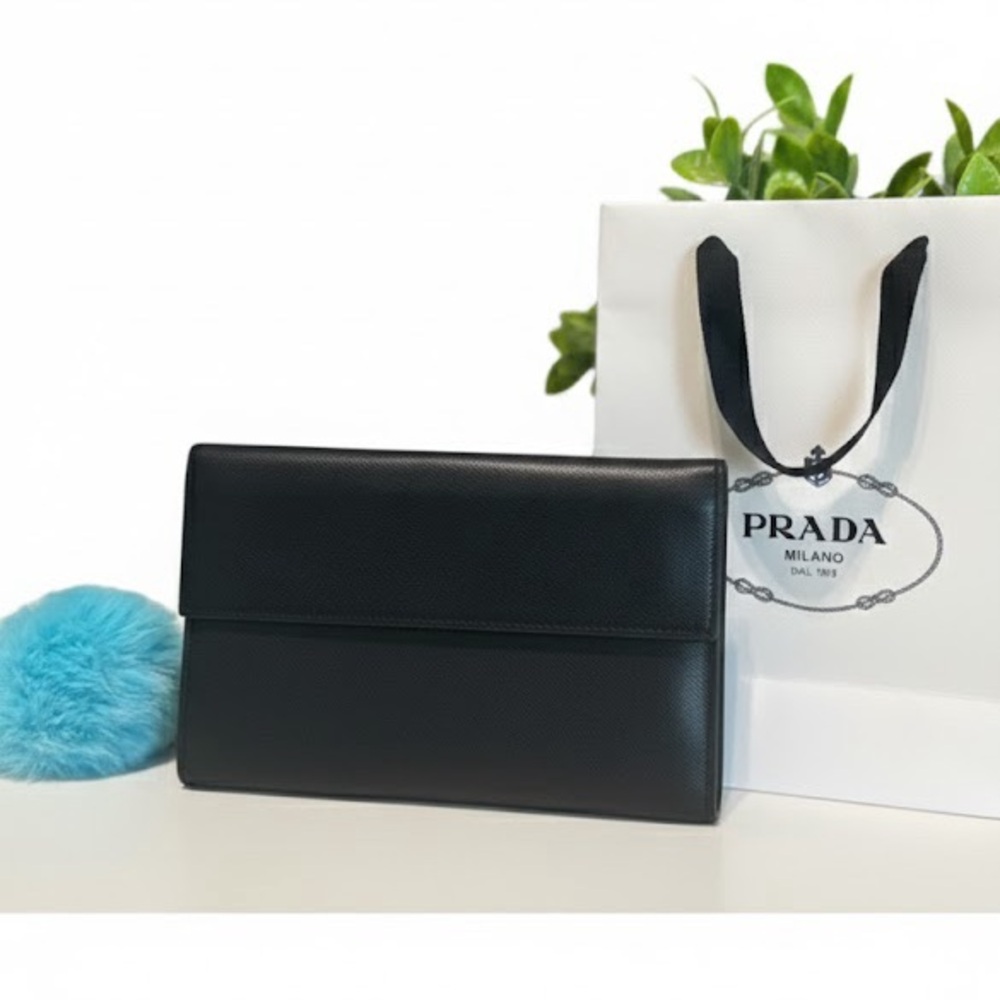 PRADA Saffiano Leather Continental Wallet Black Double Snap Closure - Authentic